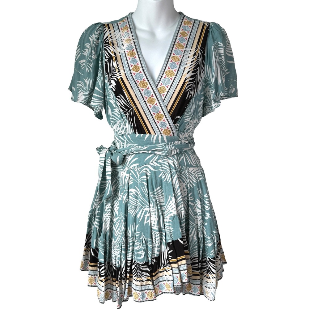 Womens Tropical Tiered Mini Wrap Dress Small Teal Boho Festival Coquette  Resort